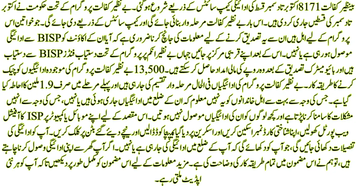 Benazir Kafaalat 8171: October to December Payments Now Available at Designated Campsites